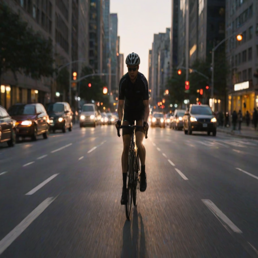 Blurry, fast-motion shot of a cyclist riding through a busy city street at dusk, headlights of cars and streetlights forming glowing streaks in the background, tall buildings casting long shadows, and the rush of evening traffic filling the air.