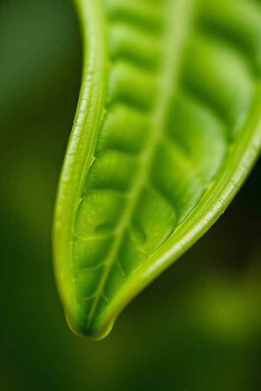 Close-up of a vibrant green leaf with a curled edge, shallow depth of field, natural light, aperture f/2.8, ISO 200, 50mm lens, macro photography, DSLR camera, focus on leaf texture and details.