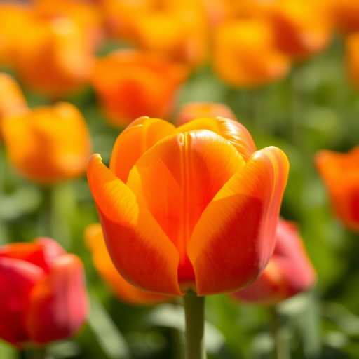 macro shot of a vibrant orange tulip in a field of blurred tulips, f/2.8 aperture, 1/250 sec shutter speed, ISO 100, 100mm lens, natural daylight, shallow depth of field, DSLR camera