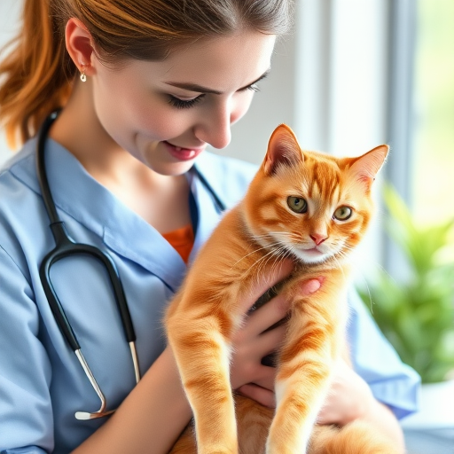 portrait of a young female veterinarian holding a ginger cat, soft watercolor style, natural lighting, depth of field, 50mm lens, f/1.8 aperture, ISO 200, Canon DSLR camera