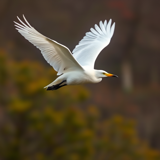 a majestic white bird in mid-flight against a blurred natural background, captured using a Canon EOS R5, 200mm lens, aperture f/2.8, shutter speed 1/2000s, ISO 400, natural lighting, dynamic angle with a focus on the bird's wingspan