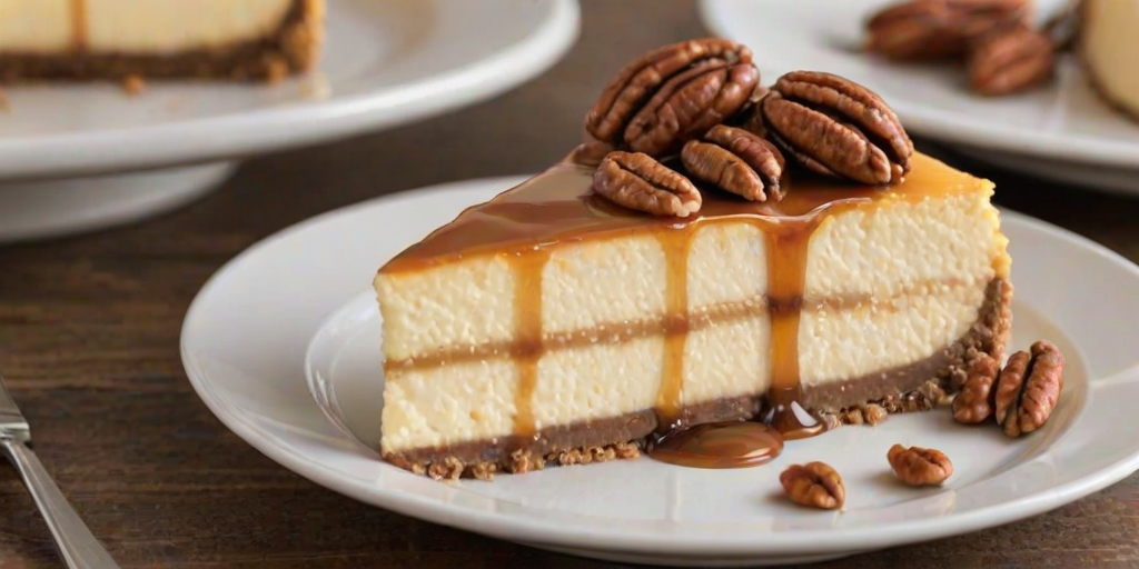 Generate an image of a delicious layered cheesecake slice on a white plate. The cheesecake should have a creamy filling topped with a caramel sauce and chopped pecans, showcasing a graham cracker crust. The background should be dark to highlight the dessert, with a fork resting beside the plate.