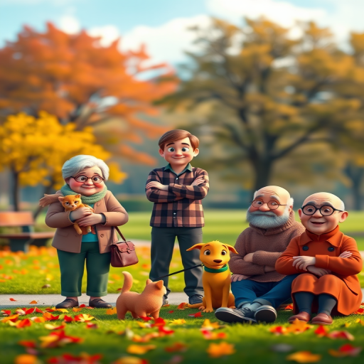 Create a vibrant autumn park scene with five cartoon characters: an elderly woman holding a cat, a man in a plaid shirt standing with arms crossed, a young boy patting a dog, a bald man sitting cross-legged, and another elderly person smiling; use a Canon EOS R5 camera, 50mm lens, f/2.8 aperture, ISO 100, 1/200s shutter speed, with a soft focus background and vivid colors to enhance image quality.