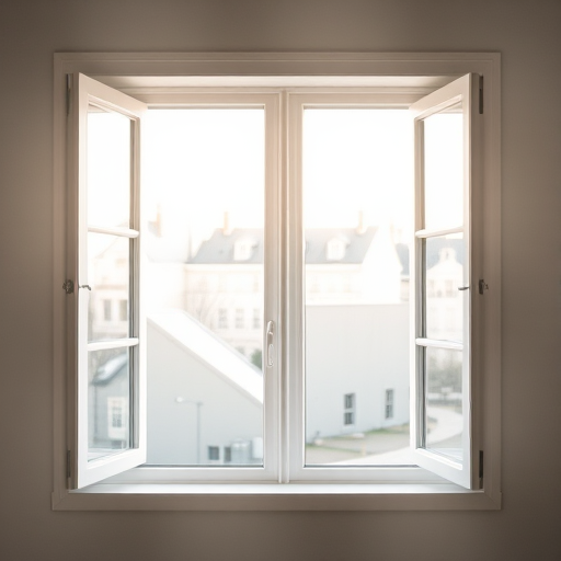 Create an image of an open window with two panes on each side, natural light coming through, shot with a Canon EOS R5, 50mm lens, f/2.8 aperture, ISO 100, and a soft focus effect for a serene look.