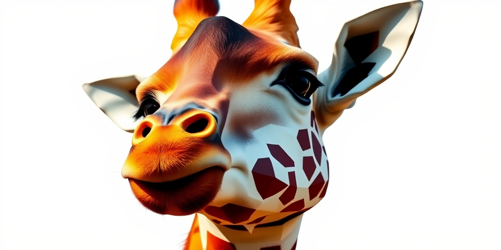 Create a high-resolution polygonal art image of a giraffe's head, focusing on vibrant colors and sharp geometric shapes, using a Canon EOS R5 with a 50mm lens, aperture set to f/1.8, ISO 200, and a 1/1000s shutter speed, captured from a slight low angle for a dramatic perspective.