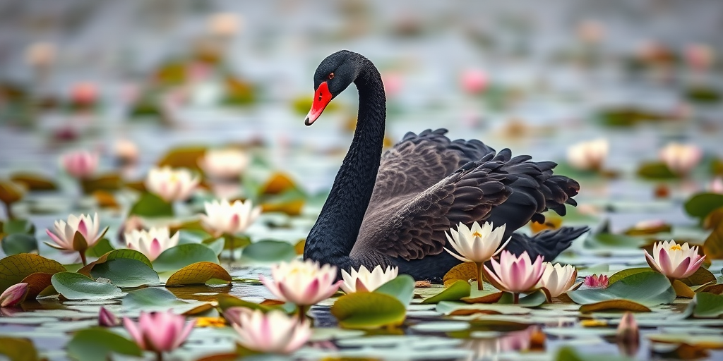 Capture a detailed image of a black swan gracefully spreading its wings amidst blooming water lilies on a serene water surface, shot with a full-frame DSLR camera, f/2.8 aperture, 1/250s shutter speed, ISO 200, using a shallow depth of field for a soft blurred background effect.