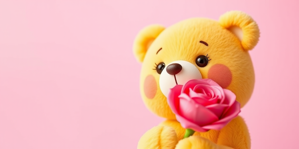 Create a cute cartoon bear character holding a rose, bright yellow fur, soft features, pastel pink background, shot with a DSLR camera at f/1.8 aperture, 50mm lens, natural lighting, shallow depth of field for focus on the bear.