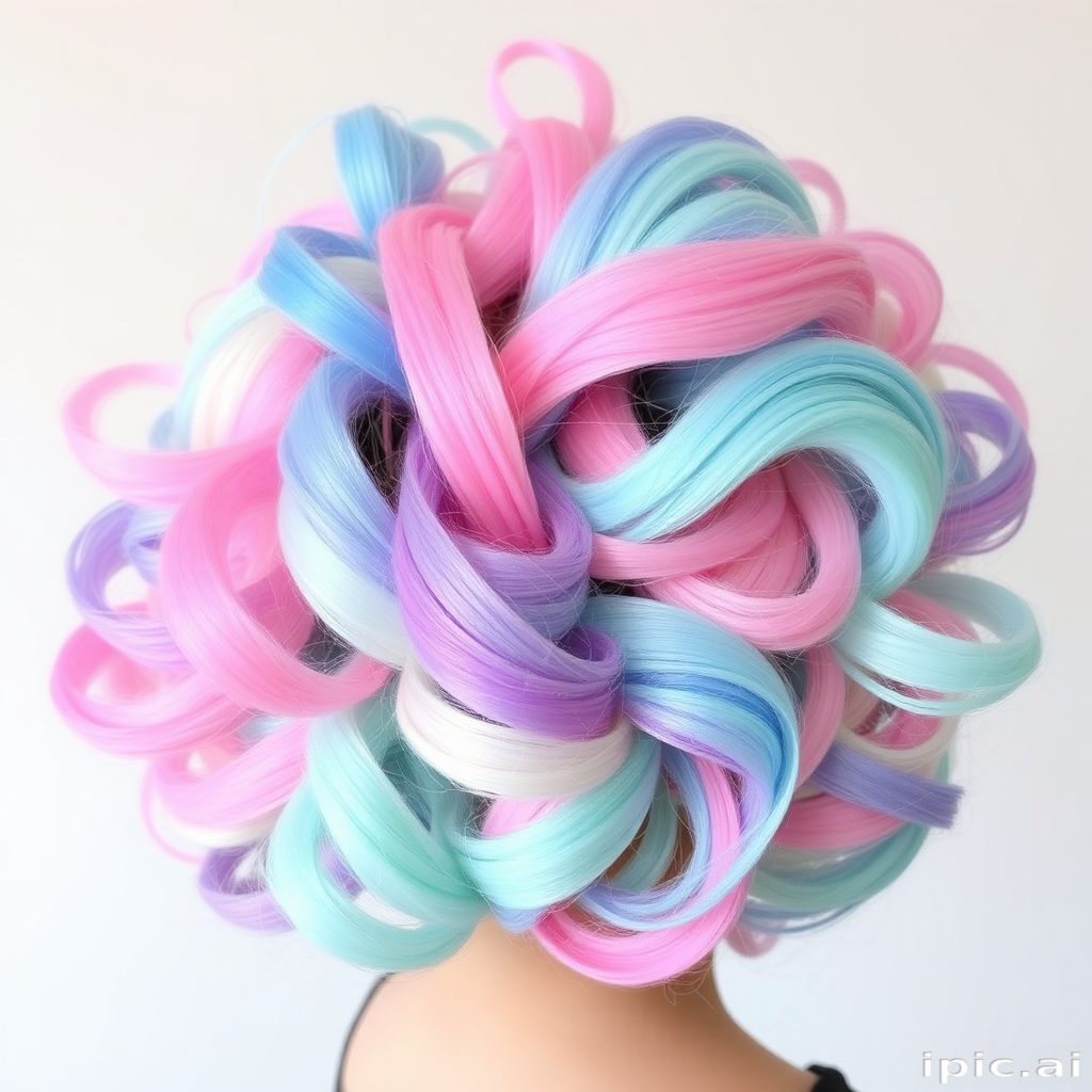 Multi-colored rainbow hair arranged in a whimsical cotton candy-like cloud, featuring pastel hues of pink, blue, purple, and mint green swirled together in a dreamy confection named Sugar Nimbus
