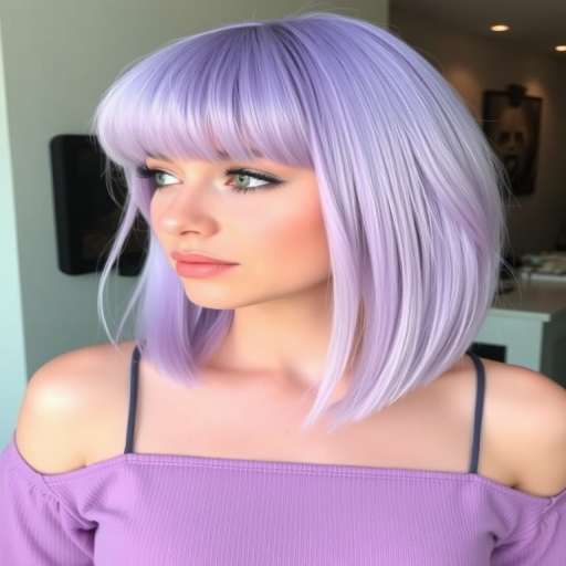 Enchanting pastel lavender bob with blunt bangs, named "Twilight Whisper," features a silky smooth finish and delicate purple hues that blend seamlessly
