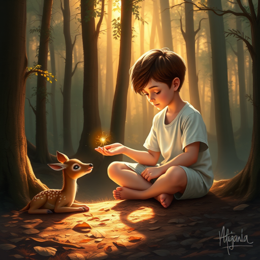 A luminous digital painting of a serene forest scene featuring a barefoot young boy, about 7 years old, with brown hair and fair skin, dressed in a simple white outfit. He sits cross-legged on the forest floor, gazing at a small, glowing, magical firefly in his hand. Beside him, a delicate spotted deer lies calmly on a bed of dried leaves, observing the scene. The dense forest is bathed in warm, golden light filtering through the trees, creating a peaceful, magical atmosphere with a blend of natural and mystical elements.