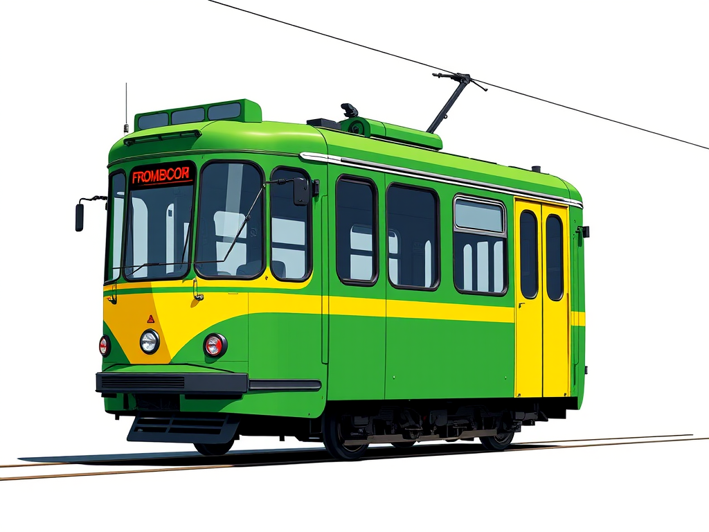 high-resolution digital illustration of a green and yellow tram, side view, with sharp lines and vibrant colors, using a Canon EOS R5 with a 50mm lens at f/8, ISO 100, and 1/250 sec under bright daylight, minimalist background to emphasize the tram design