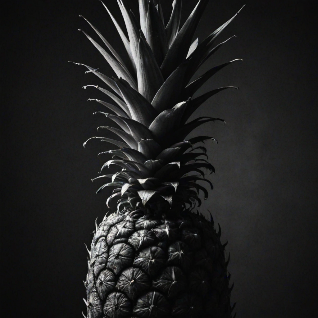 a black and white image of a pineapple against a dark background