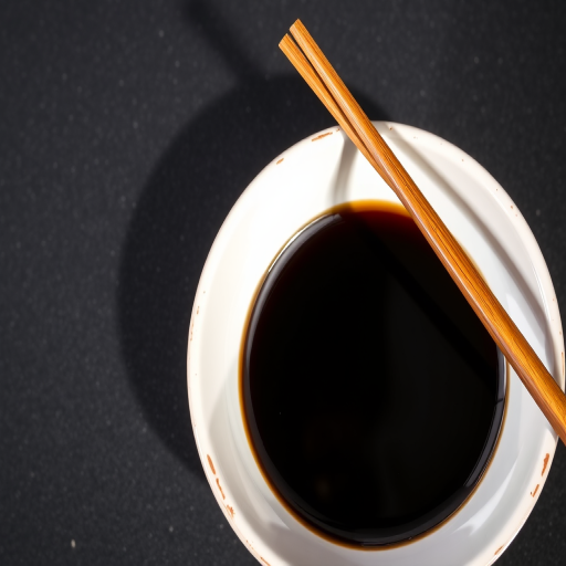 Create a high-resolution image of a ceramic bowl filled with dark sauce, featuring wooden chopsticks resting on the edge, shot with a DSLR camera at f/2.8 aperture, ISO 100, 50mm lens, top-down view, bright natural lighting for enhanced clarity and color contrast.