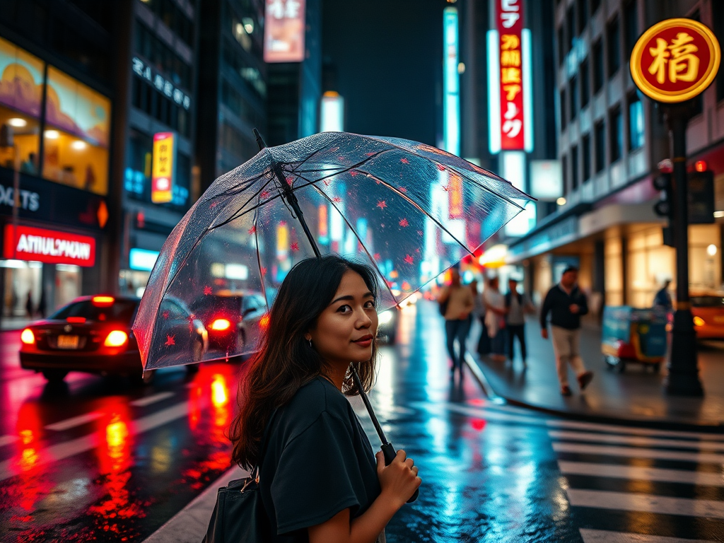 Bustling city street at night, neon lights reflecting off the wet pavement, a woman stands under an umbrella, her face illuminated by the glow of the street signs as she waits to cross.