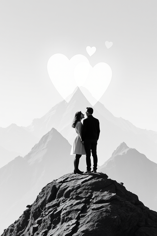 A couple standing on a stylized mountain landscape with hearts above, captured with a DSLR camera, 50mm lens, f/1.8 aperture, ISO 200, soft focus effect, high contrast monochrome style.