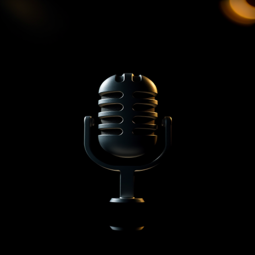 Create a high-resolution image of a stylized microphone icon on a black background with dramatic lighting, captured with a DSLR camera, 50mm lens, aperture f/1.8, ISO 100, in a macro view to enhance detail.