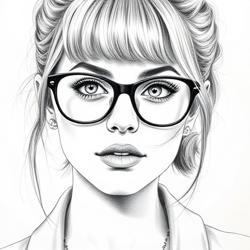 Beautiful Kristen Stewart, pencil sketch, portrait of beautiful woman 60s in glasses, hair style beatnik, outline, clear lines, fine lines, 8k