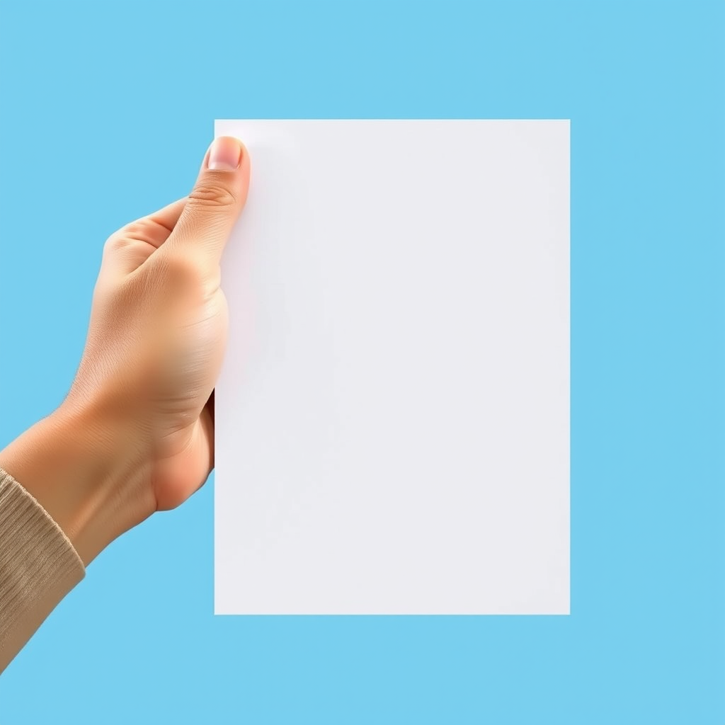 Create an illustration of a hand holding a blank white sheet of paper against a solid blue background, using a 50mm lens, f/8 aperture, ISO 100, and soft lighting to enhance image clarity and details.