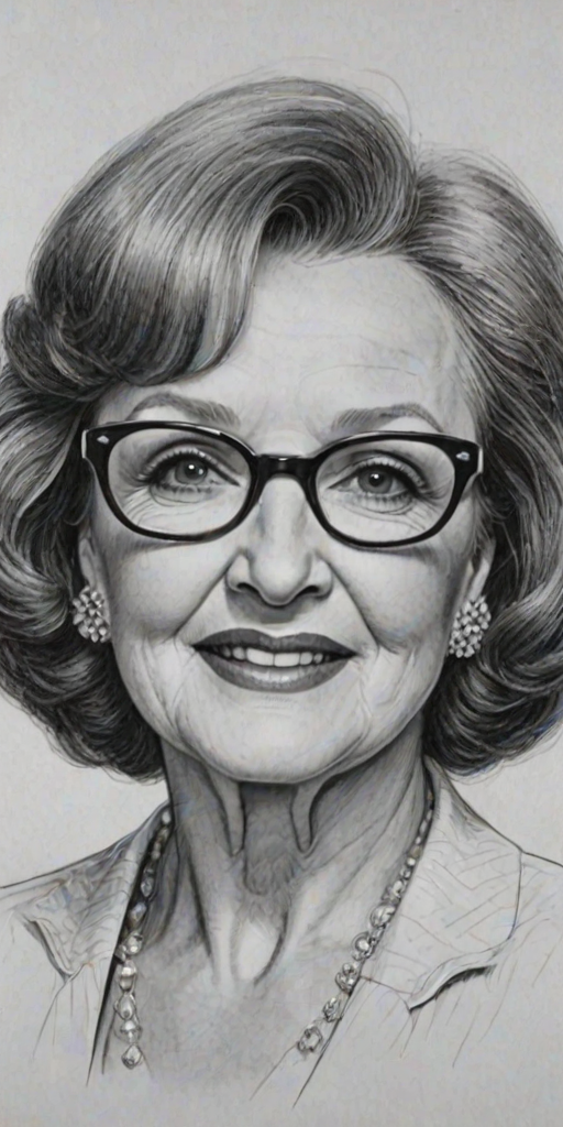 Beauteous Betty White, pencil sketch, portrait of Stunning woman 1972s in glasses, hair style beatnik, outline, clear lines, fine lines, 8k