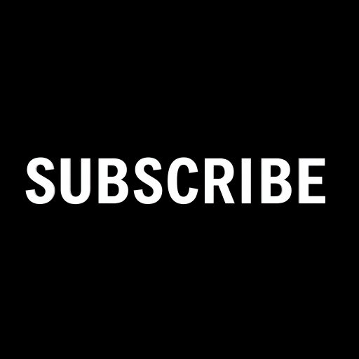 Create a high-resolution image with the text "SUBSCRIBE" in bold white letters on a solid black background, captured with a DSLR camera at f/2.8, ISO 100, 50mm lens, in a straight-on view with soft studio lighting.