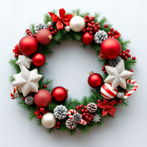 Create a high-resolution image of a festive Christmas wreath featuring red and white ornaments, silver pinecones, and candy canes on a light gray background, shot with a Canon EOS R5, 50mm lens, f/2.8 aperture, 1/125 sec shutter speed, and soft diffused lighting for added depth.