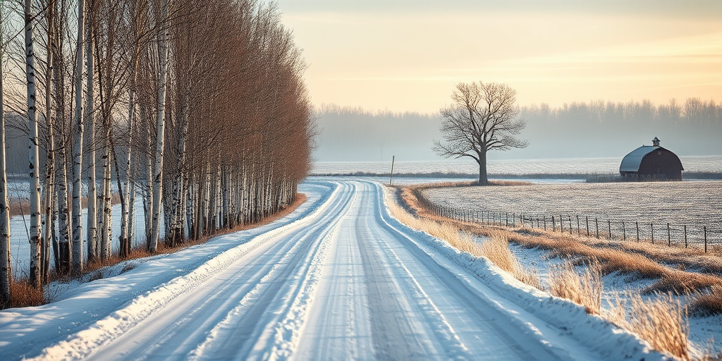 A serene winter landscape featuring a snow-covered road lined with birch trees, a distant barn, and a single tree in a frosty field, captured with a Canon EOS 5D Mark IV, 24mm focal length, f/8 aperture, ISO 100, and a soft morning light to enhance the tranquility.