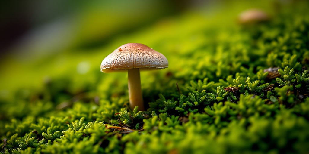 mushroom on green moss, shallow depth of field, 50mm lens, f/2.8, ISO 200, natural light, macro photography, DSLR camera, focus on the mushroom with blurred background