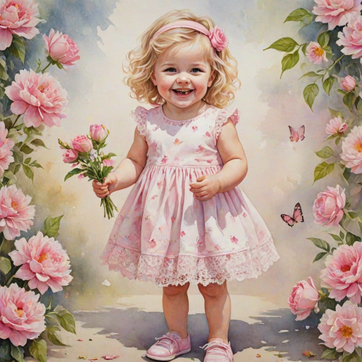 hyperrealism happy smiling toddler girl with messy wavy blonde hair with a headband, she is wearing a pink and white lace dress with pink and white shoes, she is holding a pink bouquet of flowers. Pink flowers and butterflies. summer background. Watercolor Highly detailed