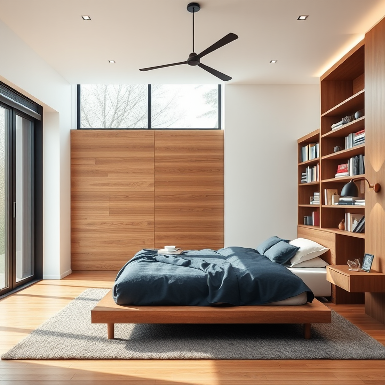 create a modern bedroom interior design with a large window letting in natural light, featuring a minimalist bed with a dark blue blanket, wooden accent wall, elegant lighting fixtures, contemporary bookshelf filled with books, cozy rug on wooden floor, shot with a DSLR camera at f/2.8, ISO 100, shutter speed 1/60, wide-angle lens, soft focus on the background for a serene ambiance