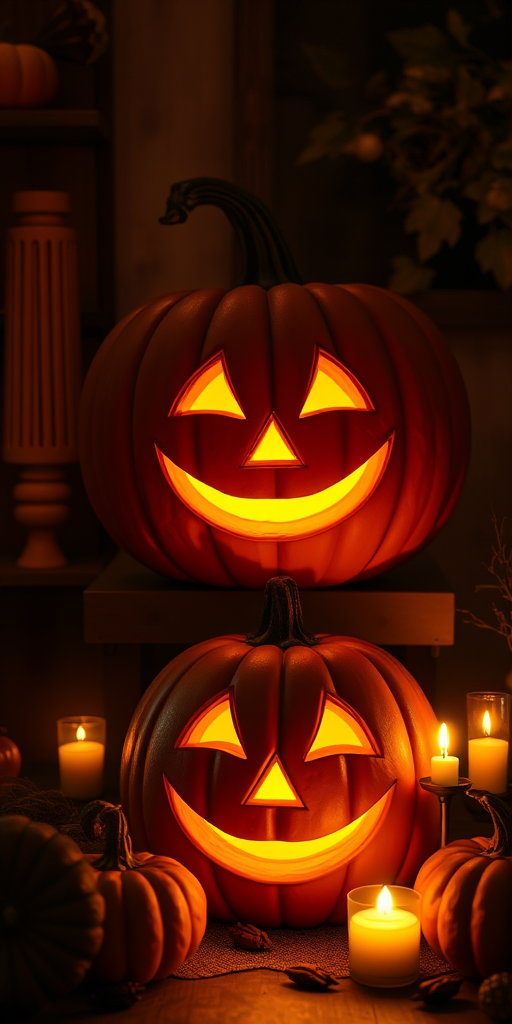 A cozy Halloween scene featuring a carved pumpkin with a cheerful face glowing warmly from within surrounded by flickering candles and smaller pumpkins in a dimly lit room with wooden textures and autumn decorations.