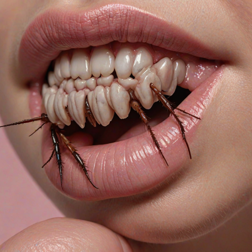 Written name "name" in ginat letters Close-up of realistic human lips, soft pink and glossy, with detailed textures A small vividly cockroach with sharp teeth is crawling out of the mouth The cockroach's skin is highly detailed with a shiny texture and its teeth are menacing and sharp The lips appear moist with subtle reflections of light and the cockroach contrasts starkly with the smooth skin of the lips Hyperrealistic style with intricate textures and lighting