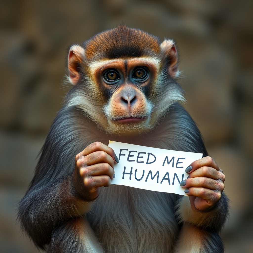 monkey holding a note which says "FEED ME HUMAN"