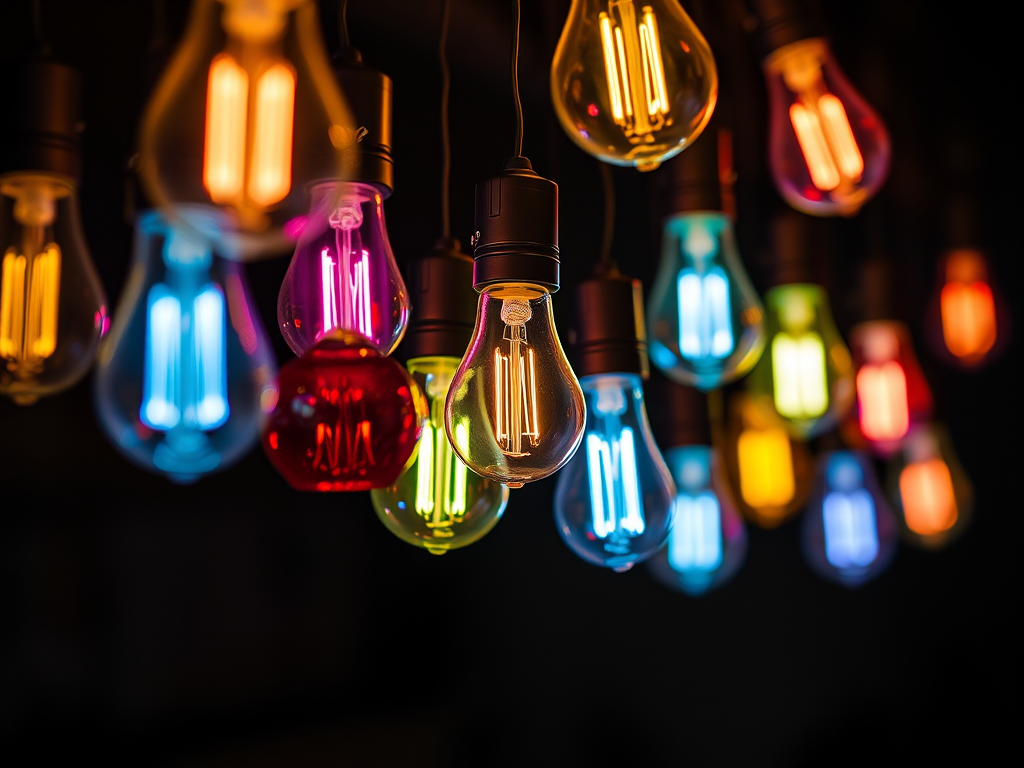 Create an artistic composition of colorful illuminated light bulbs hanging against a dark background, using a Canon EOS R5, 50mm lens, f/1.8 aperture, ISO 200, and a soft focus style to enhance vibrancy and detail.