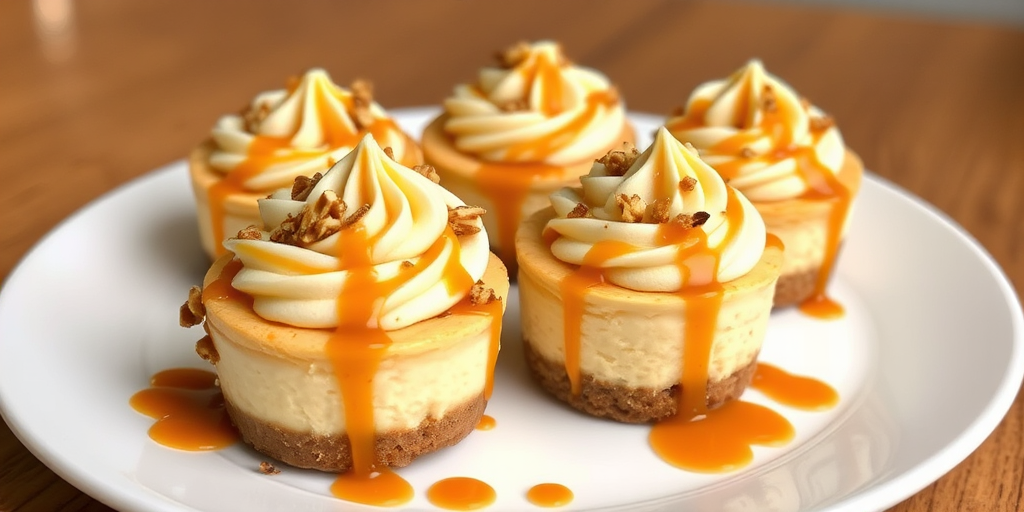 Delicious mini caramel cheesecakes topped with swirls of creamy frosting and crushed nuts drizzled with caramel sauce on a white plate