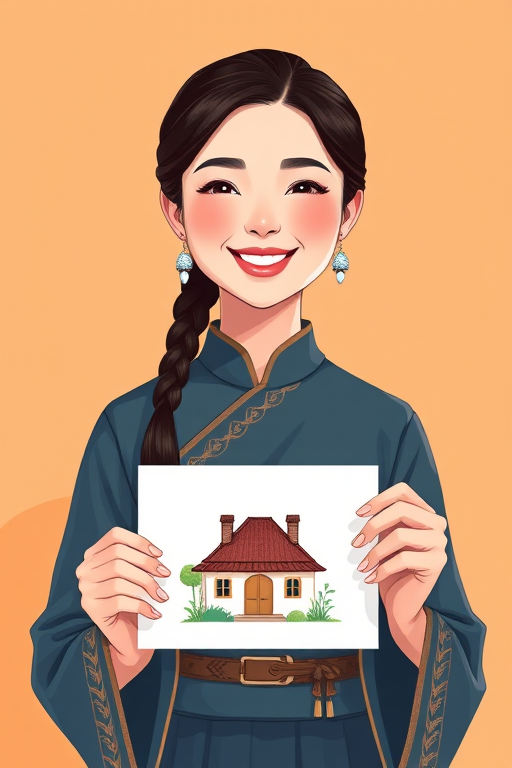 Create an illustration of a smiling woman in traditional attire holding a drawing of a house, with a soft orange gradient background, using a digital art style with high resolution, vibrant colors, and clear lines, shot with a virtual camera at 85mm focal length, aperture set at f/5.6 for depth of field, and a slight vignette effect to draw focus to the subject.