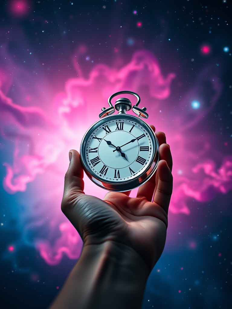 Create a surreal image of a hand holding a crystal clock with Roman numerals, surrounded by a cosmic background of vibrant pink and blue nebulae, featuring soft glowing trails of light, shot with a DSLR camera at f/2.8 aperture, 50mm lens, ISO 100, using a low-angle view for depth and clarity.