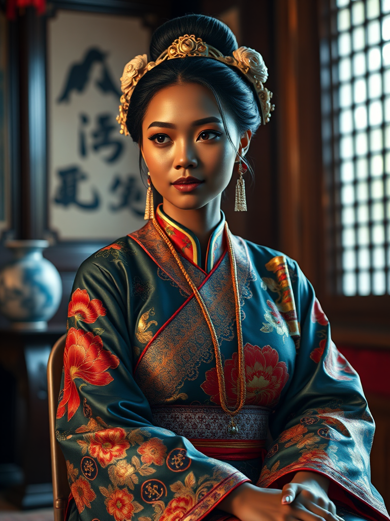 A beautiful Afro-Caribbean woman in traditional East Asian attire, intricately detailed with embroidered patterns, sitting gracefully in a richly decorated room, soft ambient lighting, serene and elegant, ultra-realistic, 8K resolution