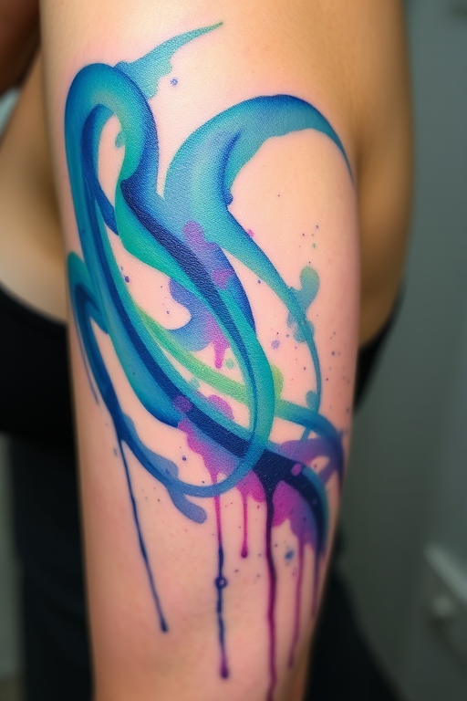 Watercolor splash tattoo called "Aurora Dreams" depicting the vibrant colors of the Northern Lights swirling across the skin in a mesmerizing display of blues, greens, and purples, with delicate splatters and drips creating a dreamy, ethereal effect