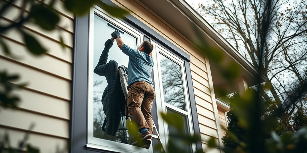 a person cleaning a window from a ladder outside a house, focus on details, depth of field, ISO 100, f/4, 1/200s, 85mm lens, natural light, shot with a DSLR camera from a low angle