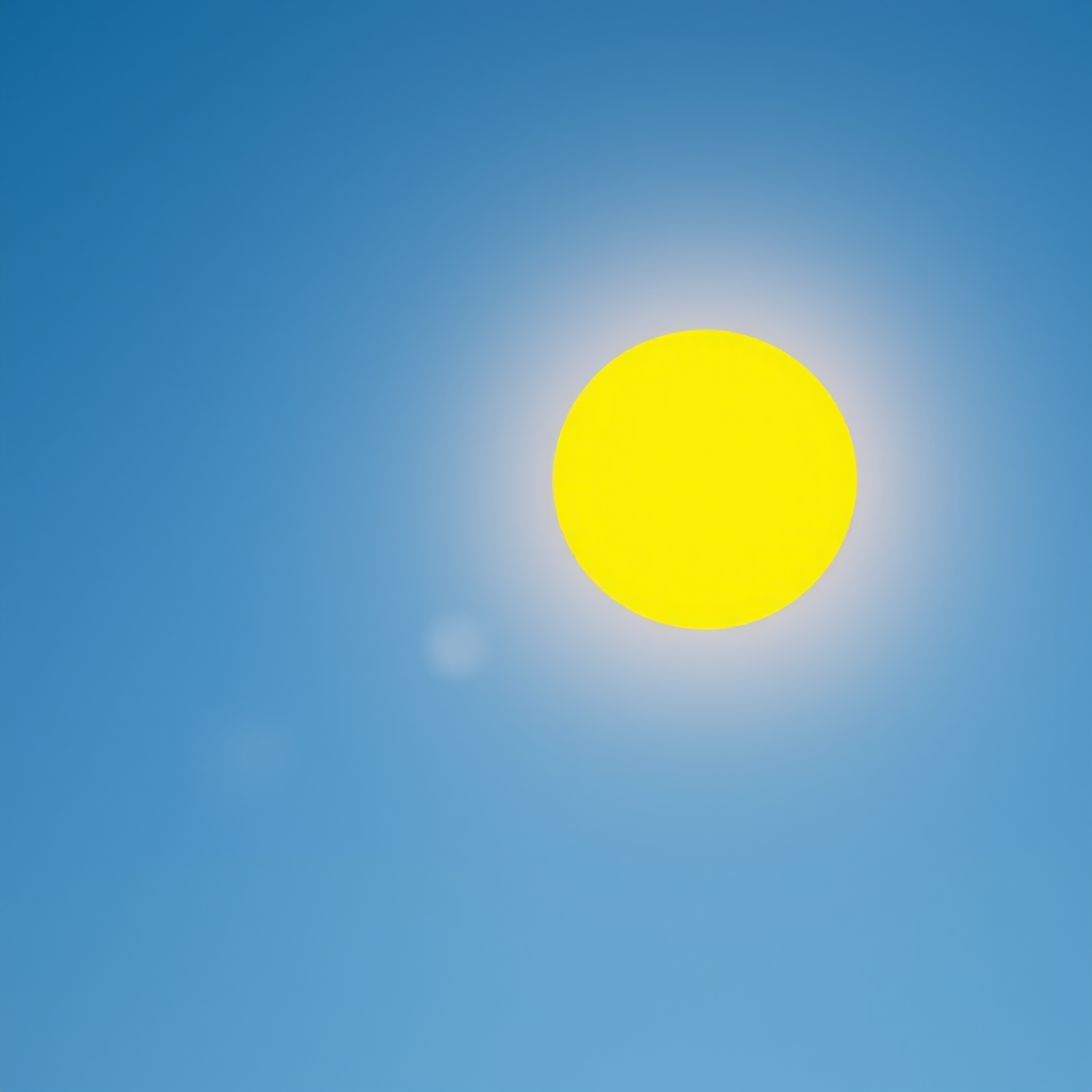 bright yellow sun on a clear blue background, high resolution, f/11 aperture, ISO 100, 1/200 sec shutter speed, taken with a DSLR camera in landscape orientation
