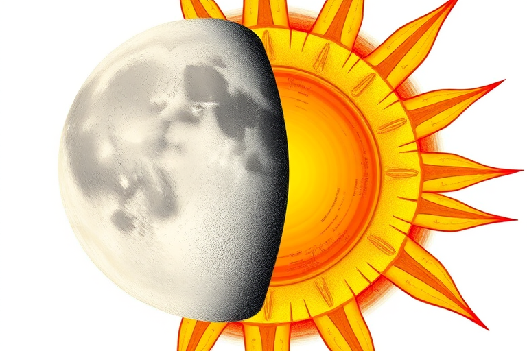 Create a detailed illustration of a radiant sun and a serene moon side by side, showcasing vibrant orange and yellow colors for the sun and soft silver tones for the moon, using a Canon EOS R5 with a 50mm lens, f/1.8 aperture, ISO 100, shooting in natural light to enhance brightness and contrast.