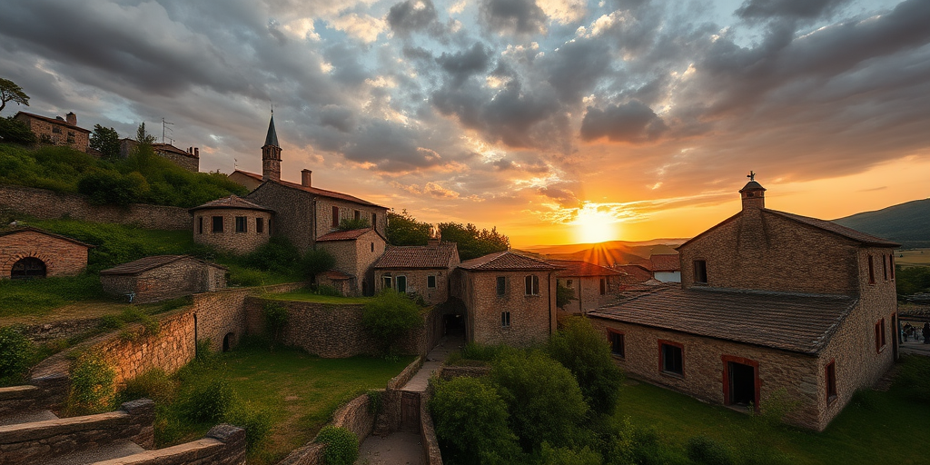Regenerate an image of a rustic stone village with old stone buildings, greenery, and a cloudy sky at sunset, captured with a Canon EOS 5D Mark IV at f/8, 1/100 sec, ISO 200, in a wide-angle view with high dynamic range.