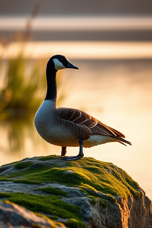 photograph a resting barnacle goose on a moss-covered stone by a serene lake during golden hour with a Canon EOS 5D Mark IV, 85mm f/1.8 lens, aperture set to f/2.8, shutter speed 1/200s, ISO 200, shallow depth of field to capture fine details and soft background blur
