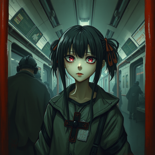 Darkness, horror, creepy, Impressionist Anime painting, metro 2033, disease, mine - type, mass - produced type, cross, slanted eyes, thick coating, twintails, ribbon, black hair, pink eyes, on metro station interior, horror movie atmosphere, dramatic light atmosphere, by Malcolm Liepke, Casey Baugh, jujin ito, and Nick Alm