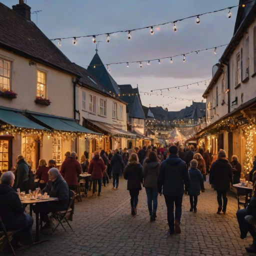 Charming village square adorned with fairy lights, people enjoying a community event, musicians playing live, and the smell of delicious food wafting through the air, creating a festive atmosphere.