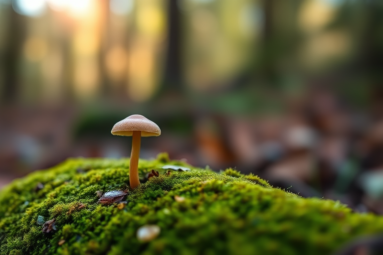 Capture a close-up of a single mushroom growing on a moss-covered log in a forest setting with soft bokeh background, using a DSLR camera at f/2.8 aperture, ISO 200, 50mm lens, and natural lighting for enhanced detail and depth of field.
