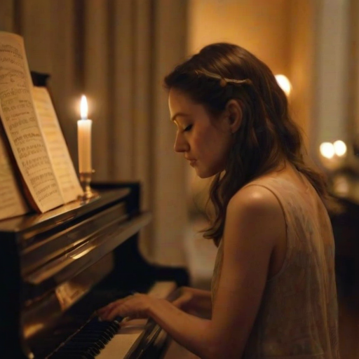 Blurry candid shot of a woman playing the piano in a dimly lit room, soft golden light from candles casting delicate shadows, with sheet music softly blurred on the stand.