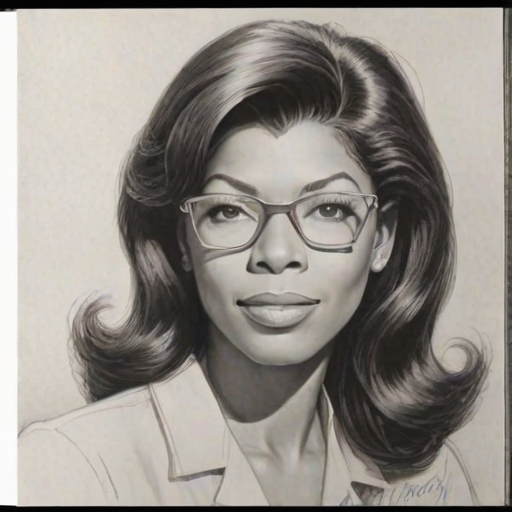 Graceful Natalie Cole, pencil sketch, portrait of Splendid woman 1959s in glasses, hair style beatnik, outline, clear lines, fine lines, 8k