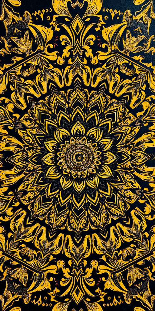 intricate mandala pattern with gold and black color scheme, ISO 100, aperture f/8, 50mm lens, top-down view, high-resolution DSLR photography
