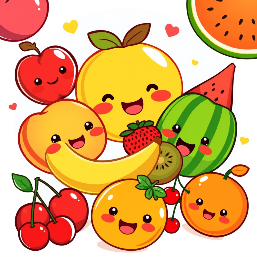 create a colorful cartoon illustration of cute fruits including an apple, peach, watermelon, banana, kiwi, strawberry, mango, cherries, and an orange, in a playful layout with vibrant expressions, using a digital tablet with a canvas size of 2000x2000 pixels, at 300 DPI for high resolution, with a soft light setting for enhanced brightness and vivid colors